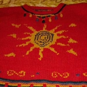 Red Yellow Crewneck Sweater Vintage Handmade Aztec Style Sun Thick Awesome